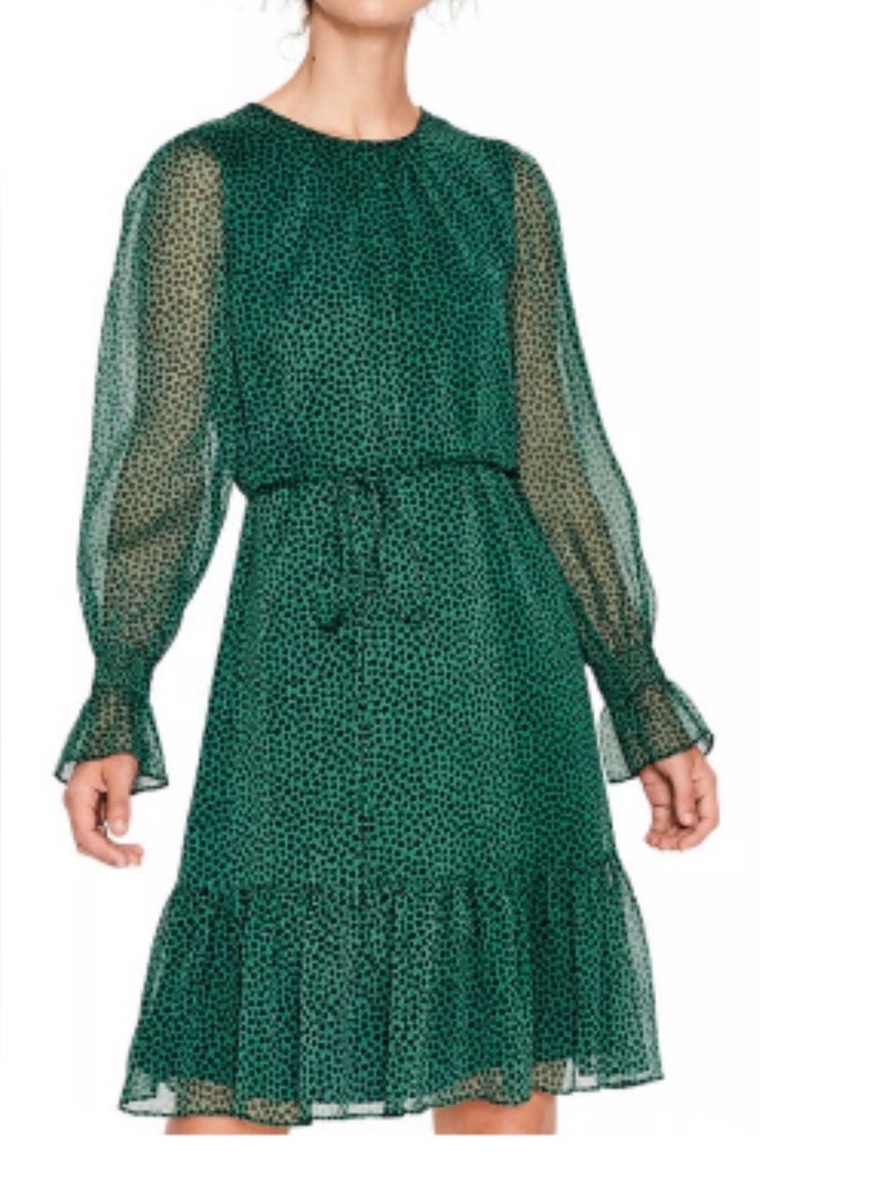 Boden Green Long-Sleeve Ruffle Hem Dress